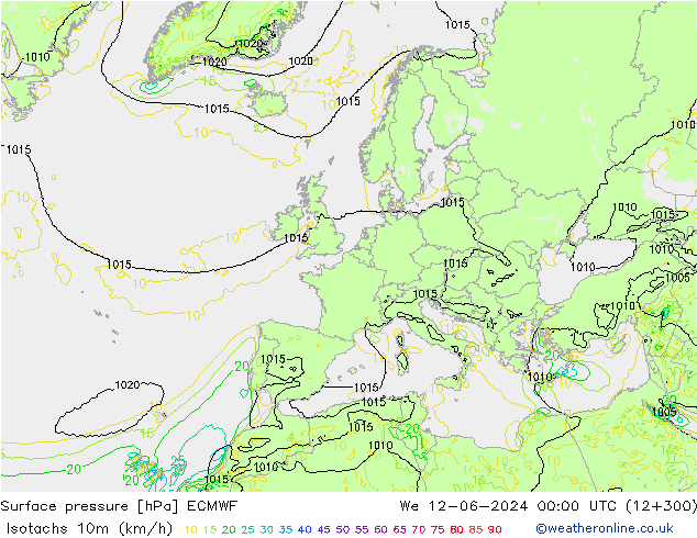 Isotachs (kph) ECMWF We 12.06.2024 00 UTC