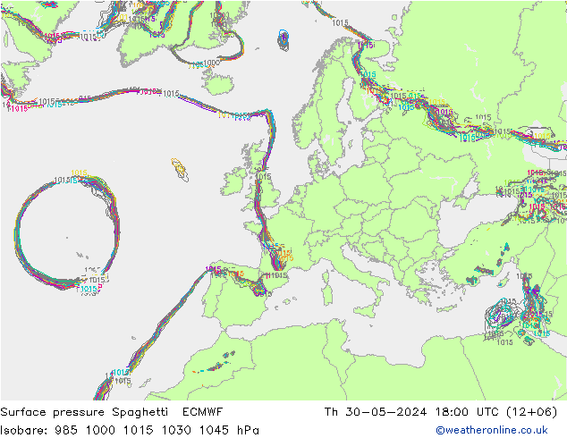 приземное давление Spaghetti ECMWF чт 30.05.2024 18 UTC