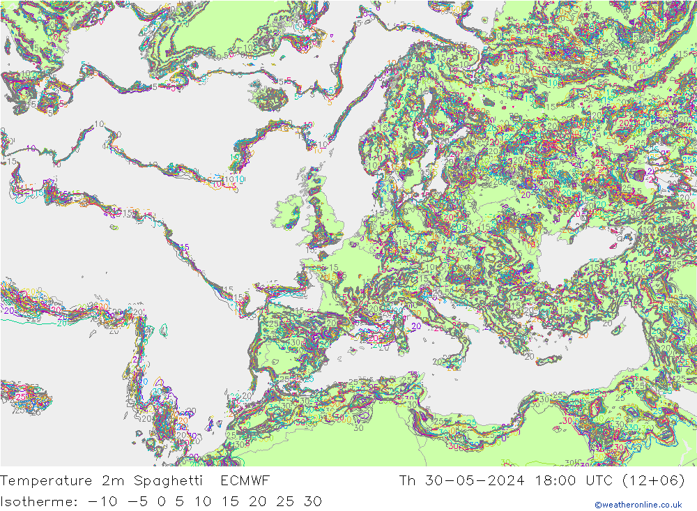 Temperature 2m Spaghetti ECMWF Th 30.05.2024 18 UTC