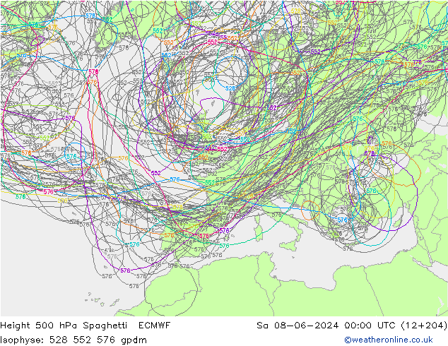 Height 500 hPa Spaghetti ECMWF Sa 08.06.2024 00 UTC