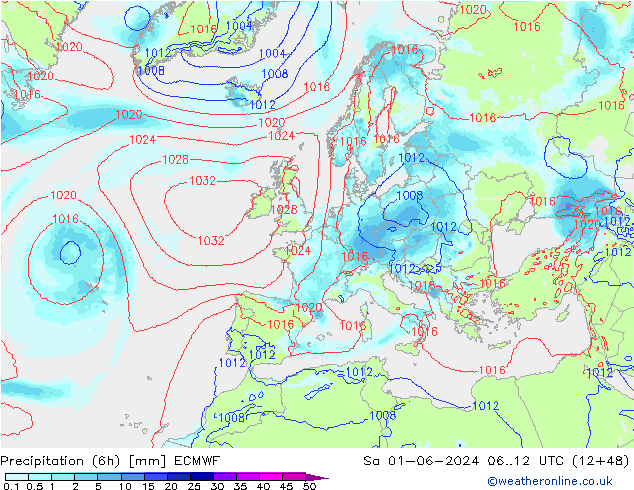 Precipitation (6h) ECMWF So 01.06.2024 12 UTC