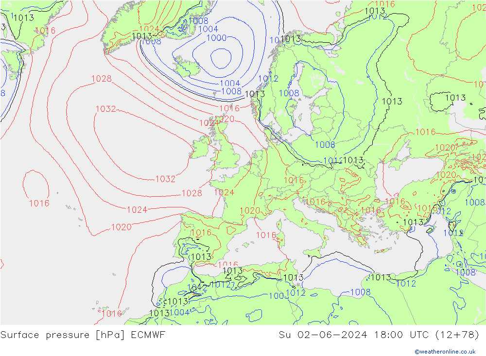 Atmosférický tlak ECMWF Ne 02.06.2024 18 UTC