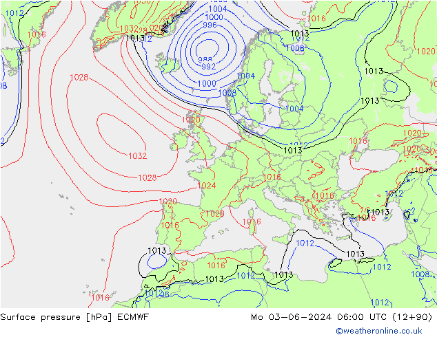 Presión superficial ECMWF lun 03.06.2024 06 UTC