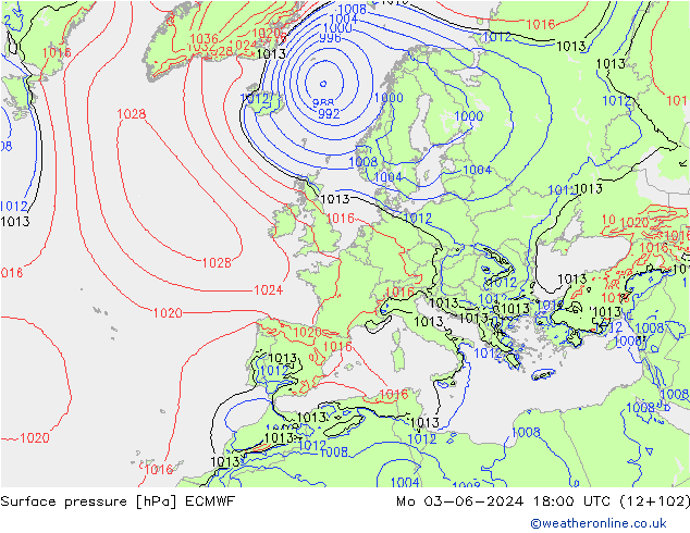 Presión superficial ECMWF lun 03.06.2024 18 UTC