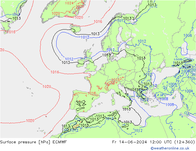 Presión superficial ECMWF vie 14.06.2024 12 UTC