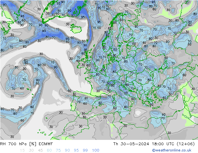 RH 700 hPa ECMWF Qui 30.05.2024 18 UTC