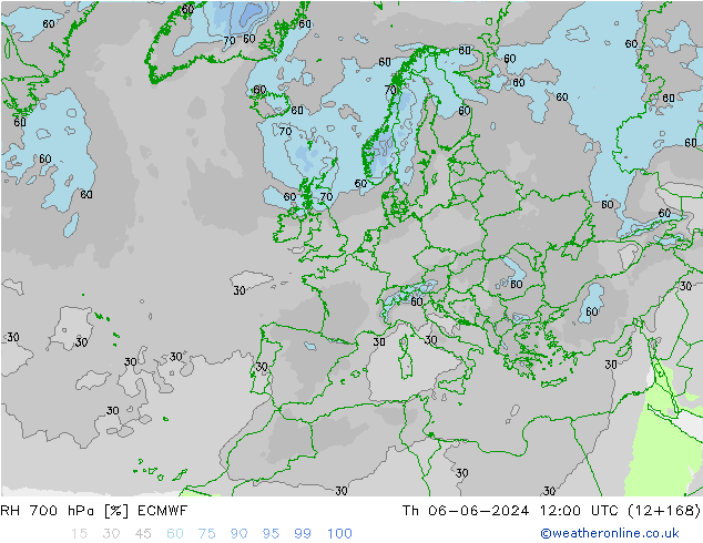 RH 700 hPa ECMWF gio 06.06.2024 12 UTC