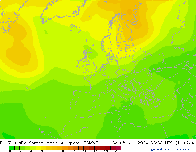 RH 700 hPa Spread ECMWF sab 08.06.2024 00 UTC