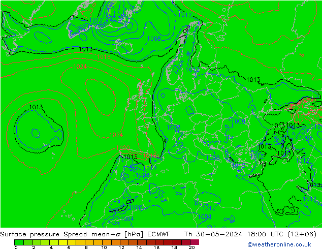 Surface pressure Spread ECMWF Th 30.05.2024 18 UTC
