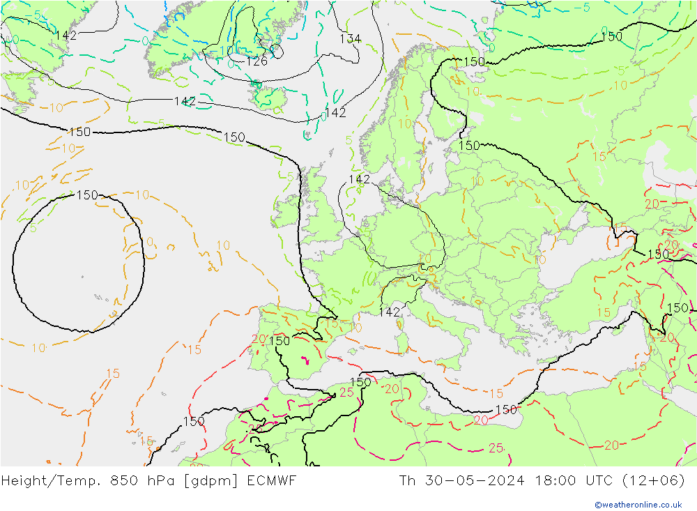 Height/Temp. 850 hPa ECMWF Do 30.05.2024 18 UTC
