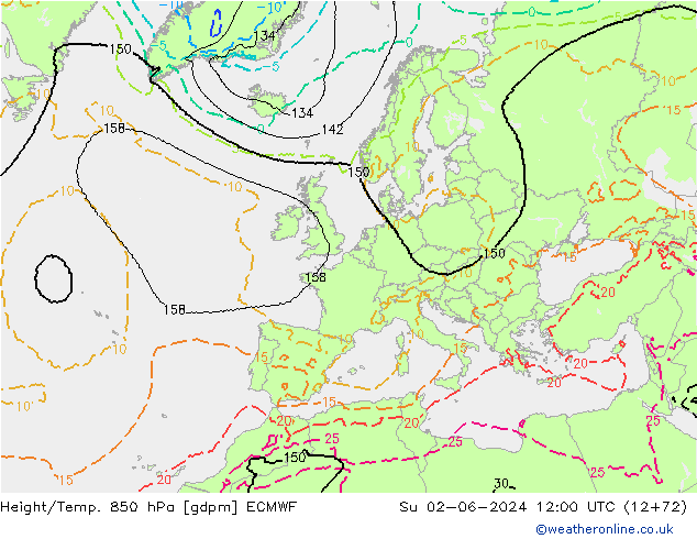 Height/Temp. 850 hPa ECMWF So 02.06.2024 12 UTC