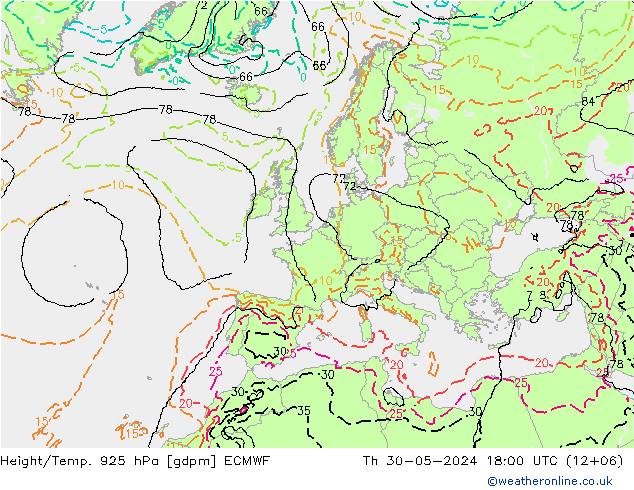 Height/Temp. 925 гПа ECMWF чт 30.05.2024 18 UTC