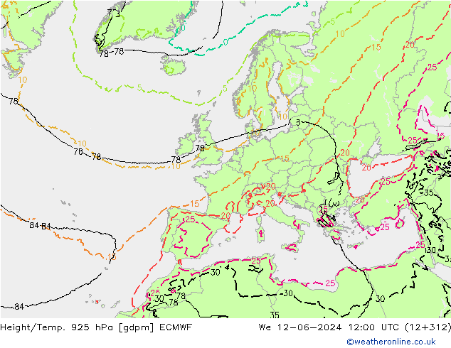 Height/Temp. 925 hPa ECMWF We 12.06.2024 12 UTC