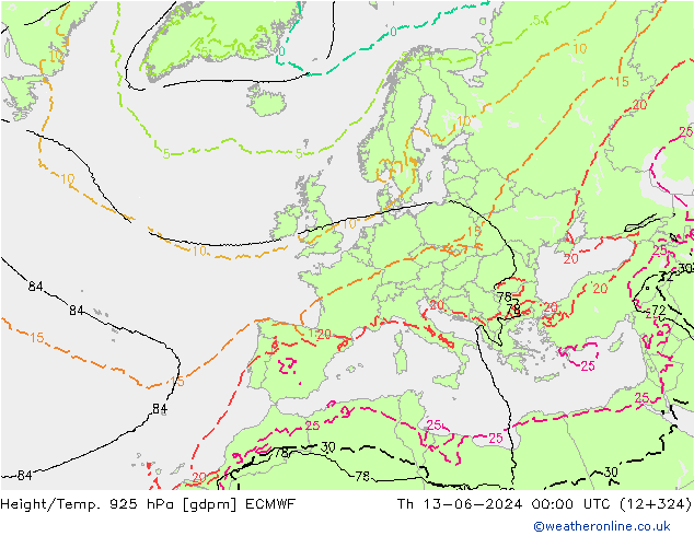 Height/Temp. 925 hPa ECMWF Čt 13.06.2024 00 UTC