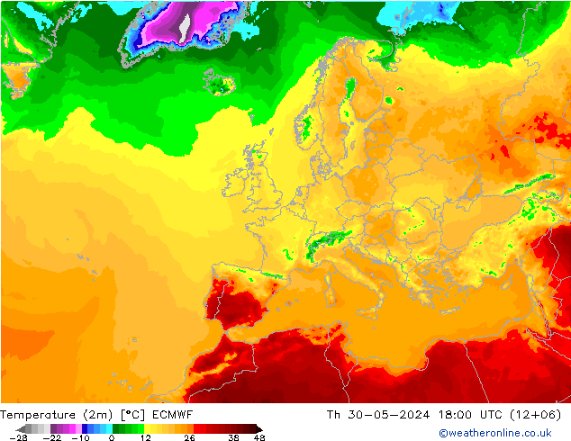 карта температуры ECMWF чт 30.05.2024 18 UTC