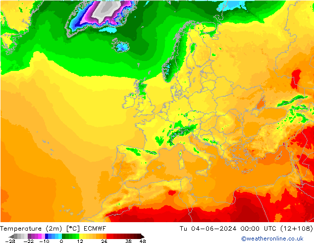 Temperaturkarte (2m) ECMWF Di 04.06.2024 00 UTC