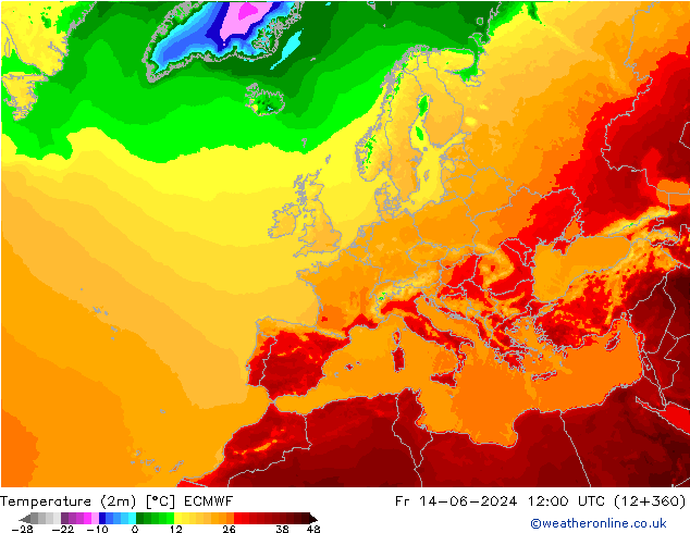mapa temperatury (2m) ECMWF pt. 14.06.2024 12 UTC