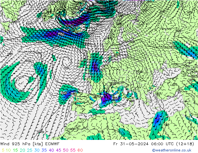 Rüzgar 925 hPa ECMWF Cu 31.05.2024 06 UTC