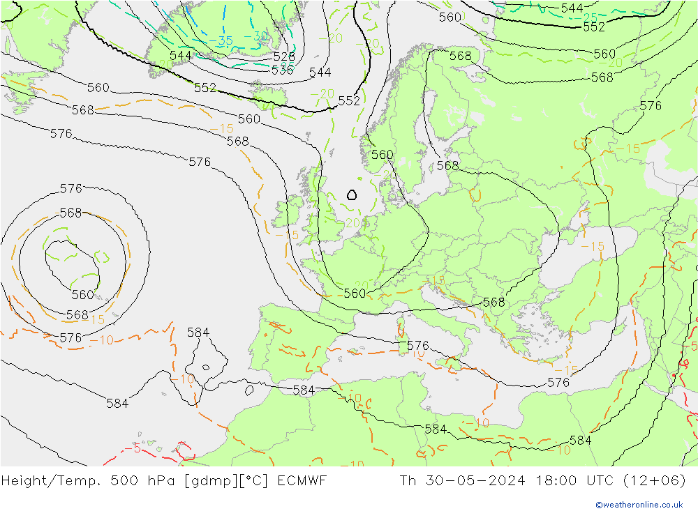 Height/Temp. 500 hPa ECMWF Čt 30.05.2024 18 UTC
