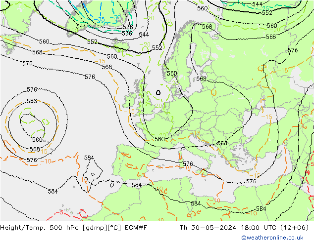 Height/Temp. 500 hPa ECMWF czw. 30.05.2024 18 UTC