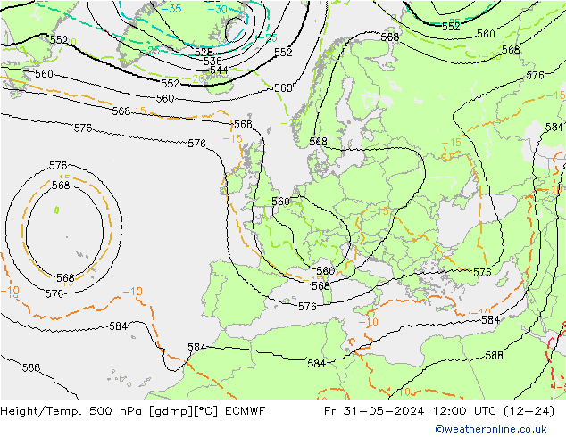 Height/Temp. 500 hPa ECMWF Fr 31.05.2024 12 UTC