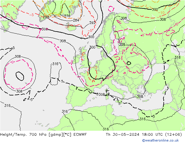 Height/Temp. 700 hPa ECMWF Do 30.05.2024 18 UTC