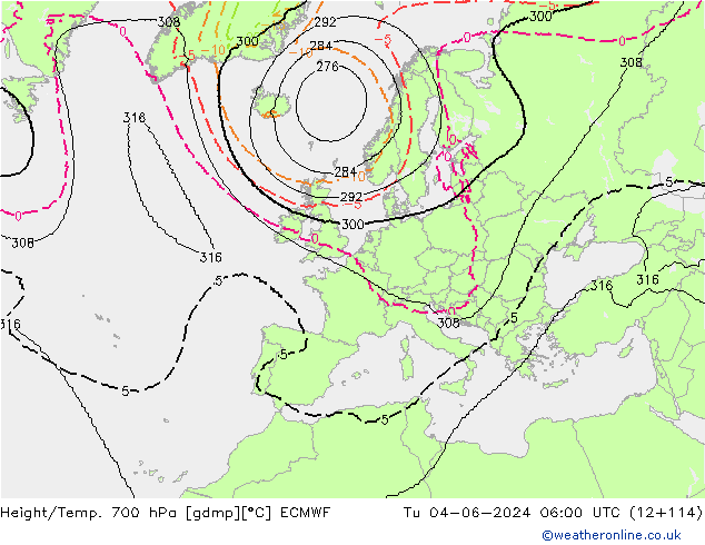 Height/Temp. 700 hPa ECMWF Di 04.06.2024 06 UTC