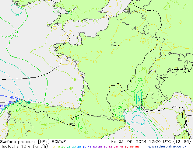 Isotachs (kph) ECMWF Mo 03.06.2024 12 UTC