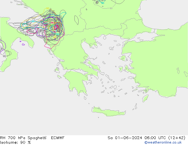 RH 700 гПа Spaghetti ECMWF сб 01.06.2024 06 UTC