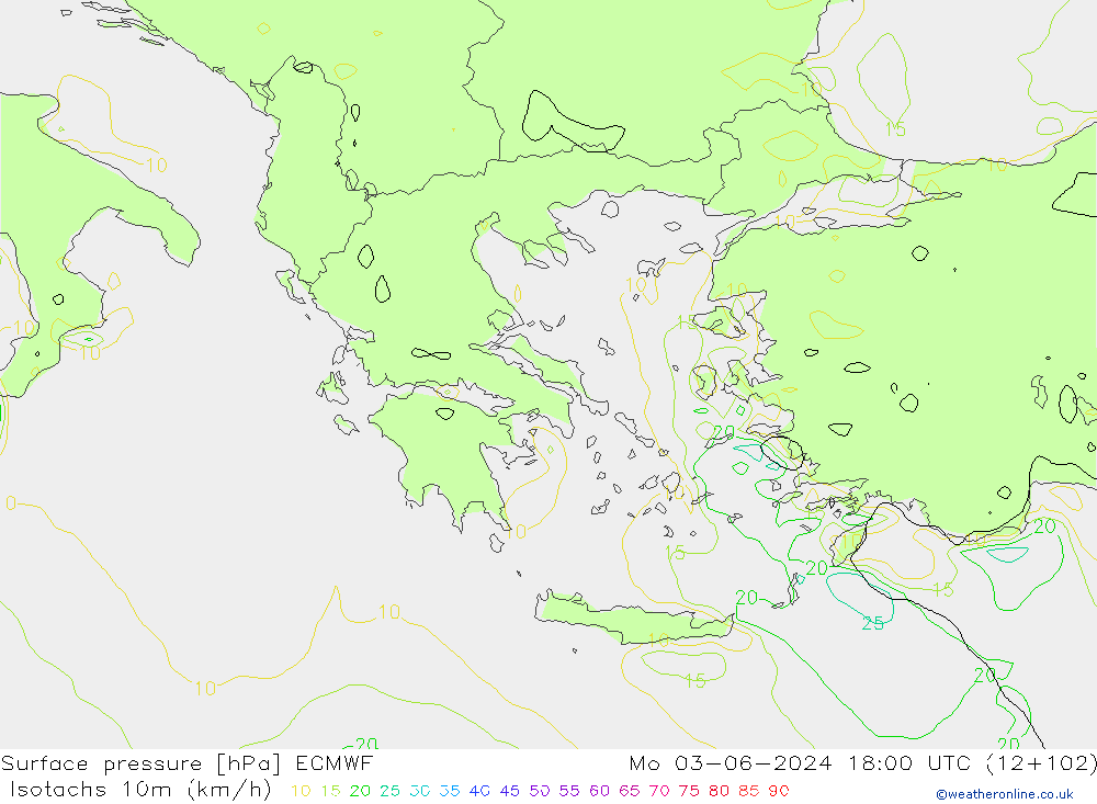 Isotachen (km/h) ECMWF Mo 03.06.2024 18 UTC