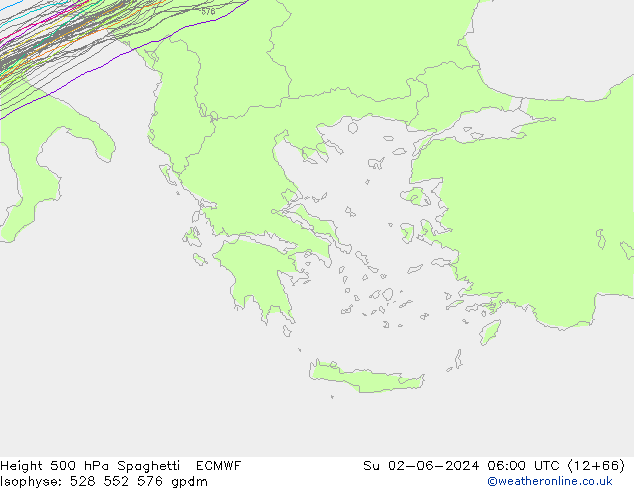 Hoogte 500 hPa Spaghetti ECMWF zo 02.06.2024 06 UTC