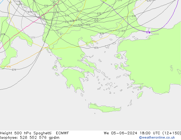 Hoogte 500 hPa Spaghetti ECMWF wo 05.06.2024 18 UTC