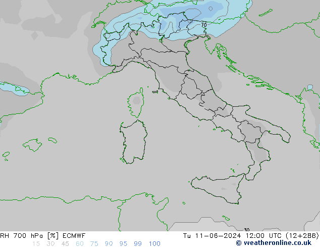 RH 700 hPa ECMWF Tu 11.06.2024 12 UTC