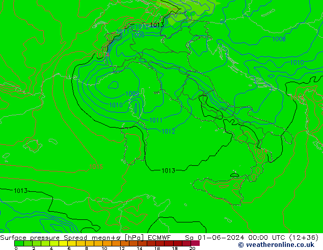 Presión superficial Spread ECMWF sáb 01.06.2024 00 UTC