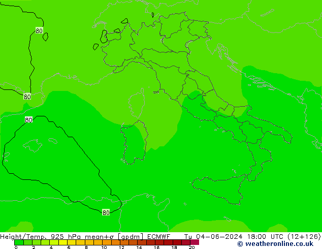 Height/Temp. 925 hPa ECMWF Út 04.06.2024 18 UTC