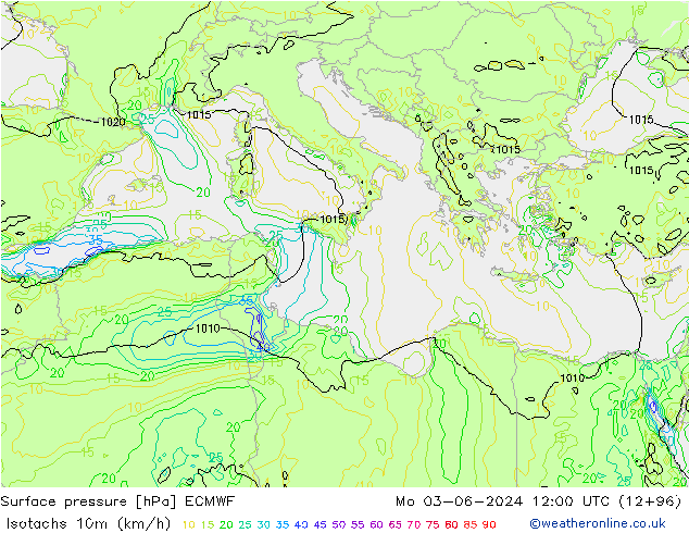 Isotachen (km/h) ECMWF Mo 03.06.2024 12 UTC