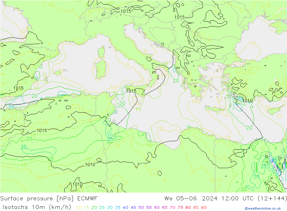 Izotacha (km/godz) ECMWF śro. 05.06.2024 12 UTC