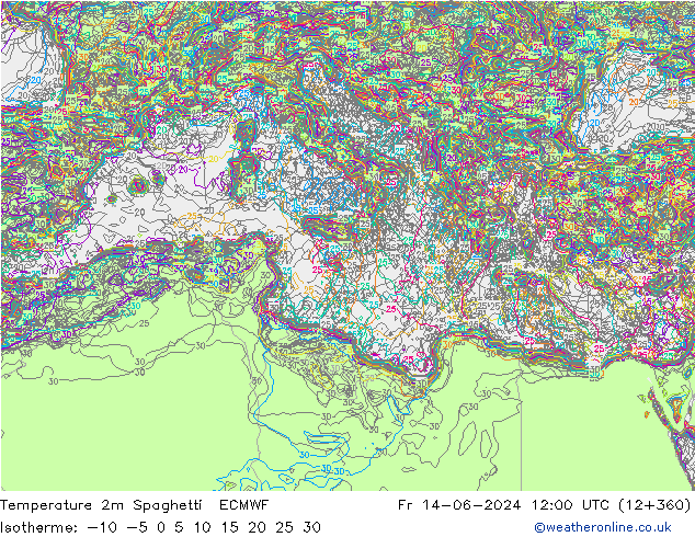 température 2m Spaghetti ECMWF ven 14.06.2024 12 UTC