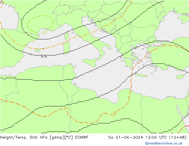 Height/Temp. 500 hPa ECMWF Sa 01.06.2024 12 UTC