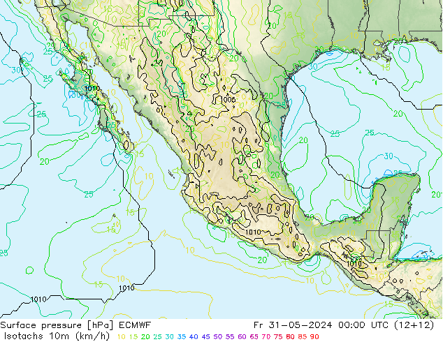 Isotachs (kph) ECMWF  31.05.2024 00 UTC