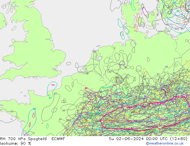 RH 700 hPa Spaghetti ECMWF Ne 02.06.2024 00 UTC