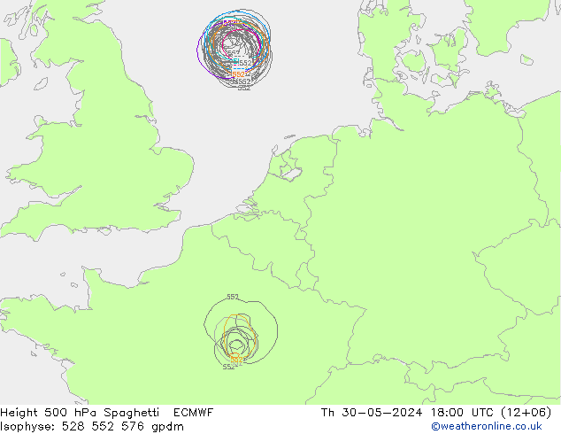 Height 500 hPa Spaghetti ECMWF Do 30.05.2024 18 UTC