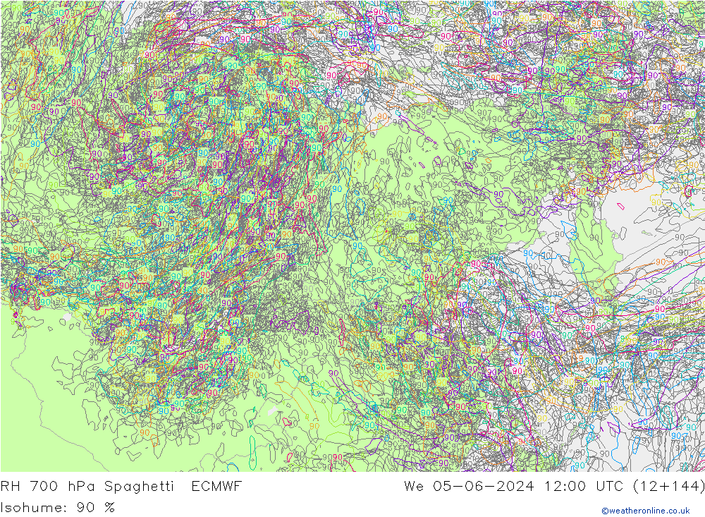 RH 700 hPa Spaghetti ECMWF mer 05.06.2024 12 UTC