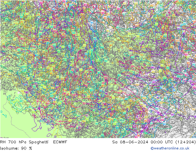 RH 700 hPa Spaghetti ECMWF Sa 08.06.2024 00 UTC