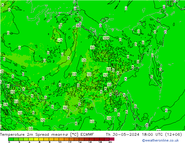 Temperatuurkaart Spread ECMWF do 30.05.2024 18 UTC