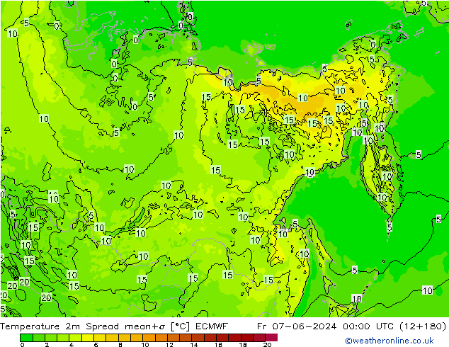 Temperatuurkaart Spread ECMWF vr 07.06.2024 00 UTC