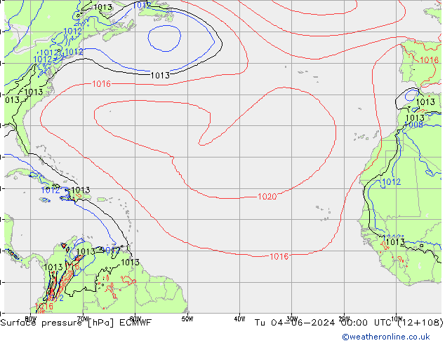 Surface pressure ECMWF Tu 04.06.2024 00 UTC