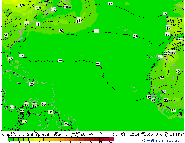 Temperatura 2m Spread ECMWF Qui 06.06.2024 12 UTC