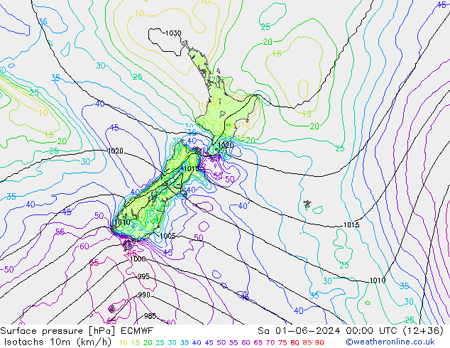 Isotaca (kph) ECMWF sáb 01.06.2024 00 UTC