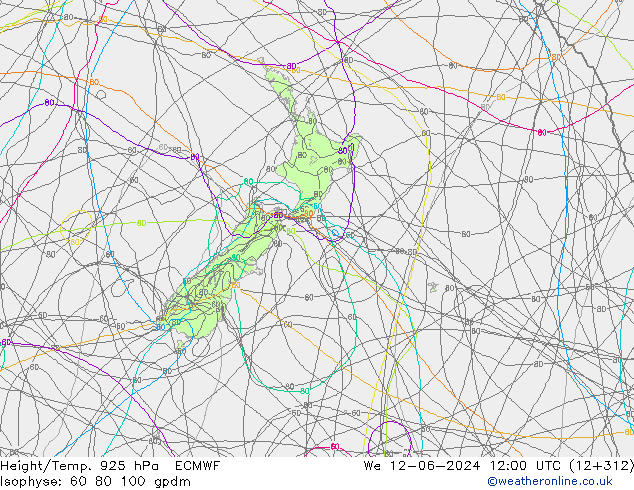Height/Temp. 925 hPa ECMWF śro. 12.06.2024 12 UTC